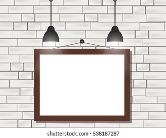 Empty black frames on white brick wall with spotlights. Vector illustration.