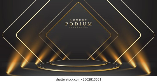 Empty black and gold podium with Black luxury background and golden line elements and light ray effect decoration and bokeh.