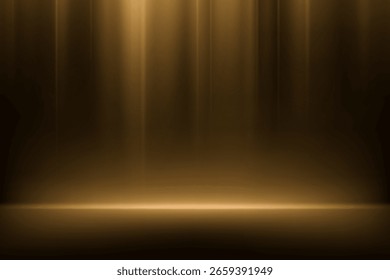 Leerer Studiohintergrund in Schwarz und Gold. Dunkelgoldener Hintergrund. Platz für den Verkauf von Produkten auf der Website. Leerer Raum mit Lichtwirkung. Vektorgrafik.