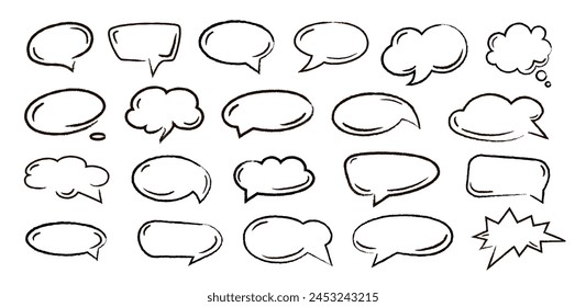 Empty black hand drawn grunge charcoal, chalk speech bubbles in doodle style isolated on white background. Balloon vector outline illustration for meme, poster, tag, banner, hashtag, dialogue