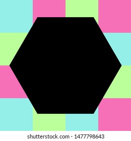 empty black hexagon on pastel color squares checkered block, template banner checker multi color rainbow, ad colorful block soft pastel bright, cubes square polygon mosaic and copy space advertising