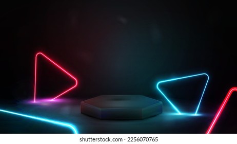 Empty black hexagon podium on background and neon blue and pink triangles around.