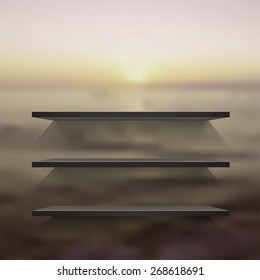 Empty black  modern shelves on the blurred photo wallpaper. Vector illustration