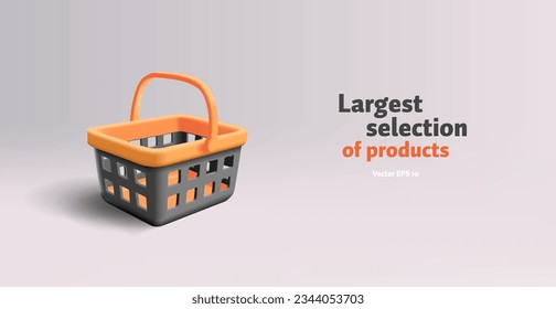 Empty black and orange branded shopping grocery basket with handle, 3d render realistic cartoon illustration icon