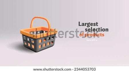 Empty black and orange branded shopping grocery basket with handle, 3d render realistic cartoon illustration icon