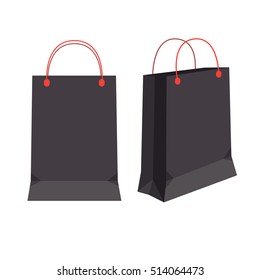 Empty black paper bags with red handles. Vector set