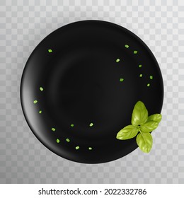 Plato de pasta negra vacío para burla de diseño. Disfraces de cena redonda con vista superior verde, ilustración vectorial 3d realista