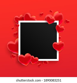 Empty black photo frame with many 3d sweet love hearts shape on red background.