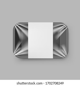 Empty Black Plastic Food Container with Label On Gray Background. EPS10 Vector