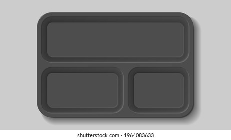 Empty black plastic food container with three compartments on a gray background. Vector illustration.