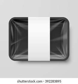 Empty Black Plastic Food Container With Label On Gray Background