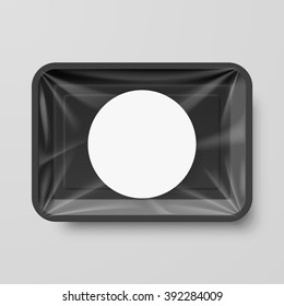 Empty Black Plastic Food Container with Round Label