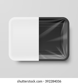 Empty Black Plastic Food Container with White label on Gray Background