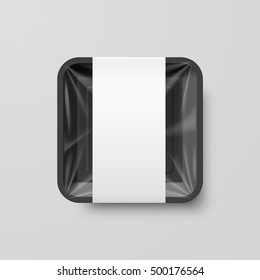 Empty Black Plastic Food Square Container with Label on Gray Background