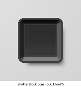 Empty Black Plastic Food Square Container on Gray Background