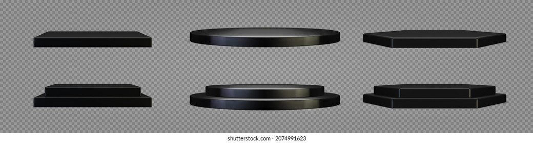 Empty Black Plinth For Product Presentation. Podiums Set On Transparent Background. Realistic 3D Vector Platforms With Free Space. Minimalistic Mockup Design. Template Of Pedestal