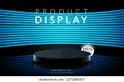 Empty black podium in dark scene with wall of line horizontal blue neon light on background. Vector illustration