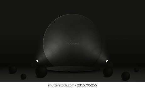 An empty black podium with glowing spotlights. A platform with a glass frame and black glossy balls.