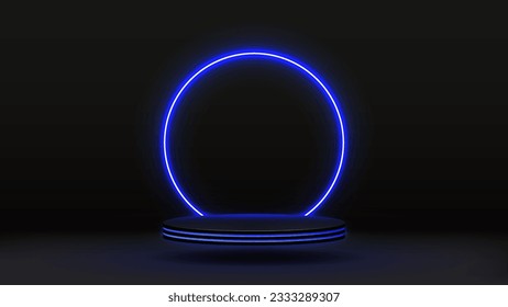 Un podio negro vacío con luces de neón y un brillante marco azul. Plataforma flotante sobre un fondo oscuro.