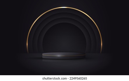 Empty black podium presentation display studio with shine gold light lines and dark circles vector on black background.