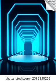 Empty black podium of product display in dark scene with line vertical blue neon light on background. Vector illustration