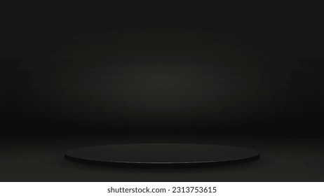 Un podio negro vacío con humo en el suelo de la habitación. Fondo oscuro con una plataforma para cosméticos.