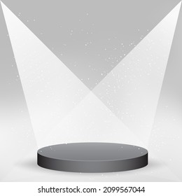 Empty black podium template for product on gray backdrop. Decoration for advertising in shining spotlights. Ad place clear space decoration. Presentation interior in lights