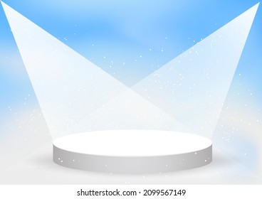 Empty black podium template for product on blue sky backdrop. Decoration for advertising in shining spotlights. Ad place clear space decoration. Presentation interior in lights