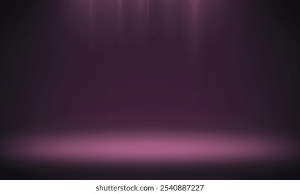 Fundo vazio preto, roxo e rosa estúdio. Abstrato gradiente fundo preto. sala de parede preta e rosa com holofotes. Espaço para a venda de produtos no site. Ilustração vetorial.