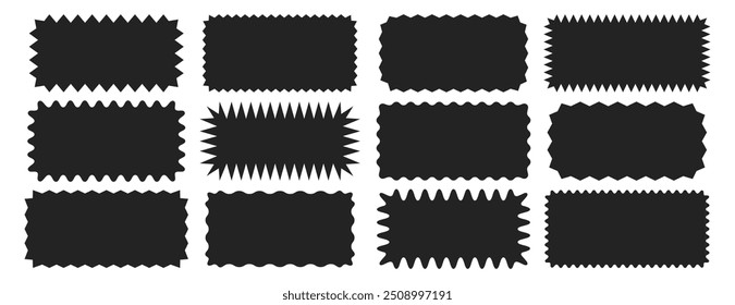 Marcos rectangulares negros vacíos con bordes ondulados. Elementos de caja de forma rectangular dentada con bordes en zigzag sobre fondo blanco. Etiquetas onduladas geométricas en zig zag, insignias curvas y pegatinas dentadas