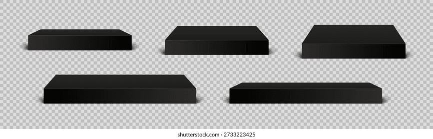 Empty black rectangular podium, top table mockup, modern pedestal and platform, concrete flooring stand stage, empty stages and podium stair 3d template for product presentation, cube pedestal stand