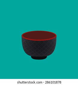 empty black rice bowl with weave pattern and red edge in japanese style, soup bowl isolated on cyan background