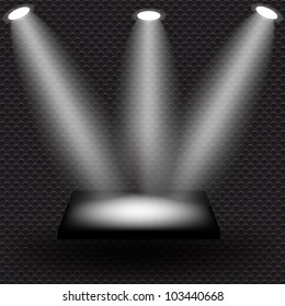 Empty black shelve on metal background with lights. Vector  illustration