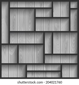 Empty black shelves on the wooden wall in gray colors, vector background