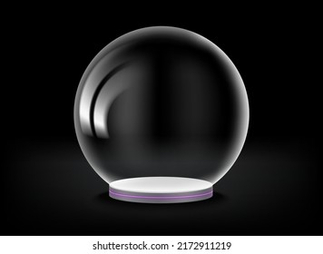 Empty black showcase with transparent glass sphere. 3d vector presentation mockup 