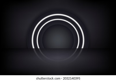 Empty black studio and a illuminated by neon lights circle. Free space for product presentation. Black background abstract. 3D Vector illustration.