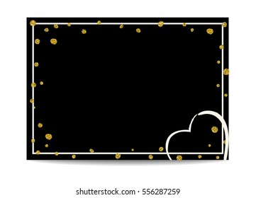 Empty black template with love symbol. Golden texture dots with glitter sequins. Place for text. Design for Valentine card or wedding invitation, flyers, labels, postcards. Vector EPS10 illustration.