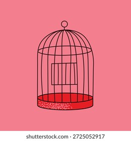 Empty Black Vintage Birdcage Vector Illustration on Pink Background. Minimalist Bird Cage Icon Symbolising Freedom and Escape. Retro Art Graphic for Social Media Posts and Creative Design