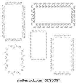 Empty black and white hand drawn blank vintage frame set. Ethnic floral vector background.  Black and white square and oval border doodle frames flower design illustration.