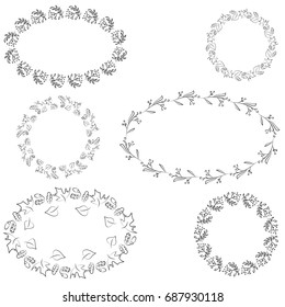 Empty black and white hand drawn blank vintage frame set. Ethnic floral vector background.  Black and white square and oval border doodle frames flower design illustration.