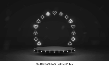 An empty black and white podium with a frame of neon suits of cards spades booby hearts and crosses. A concept for a casino.