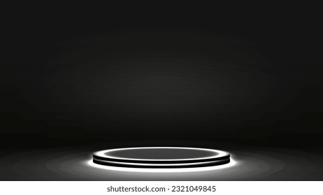 An empty black and white podium with neon lighting in the room on a dark background.