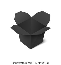 Empty black wok box - realistic Chinese food takeout container mockup with nothing inside. Cardboard take away noodle container isolated on white background, vector illustration.