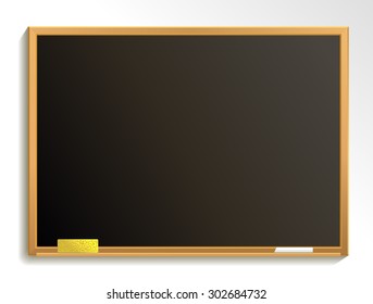 Empty blackboard with chalk and sponge. Chalkboard background. Vector illustration