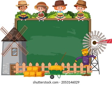 Pizarra vacía con imágenes de niños y objetos agrícolas