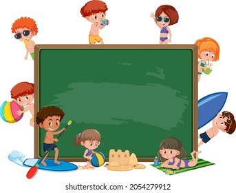Empty blackboard with children in summer beach theme illustration