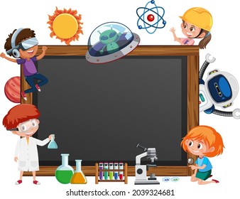 Empty blackboard with kids in technology theme illustration