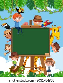 Empty blackboard with kids and zoo animals illustration