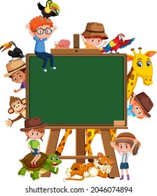 Empty blackboard with kids and zoo animals illustration