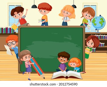 Empty blackboard with many children cartoon character illustration